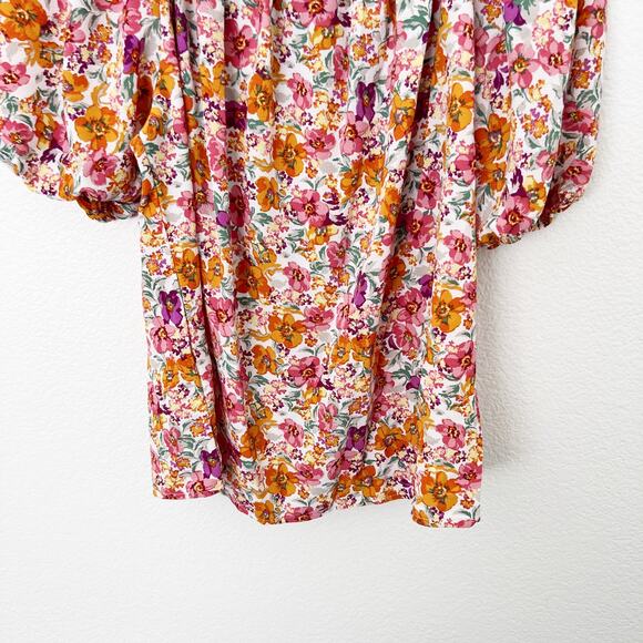 [W5] Pink Orange Floral Print Puff Sleeve Smocked Neck Scoop Blouse Sz Medium M - Picture 3 of 10